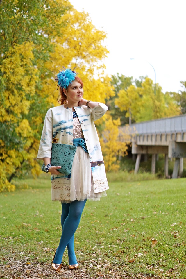 Winnipeg Canadian Fashion Style Consultant Blog, Lord & Taylor 424 Fifth palm tree print scenic cotton coat jacket, Wet Seal gold sequin tool dress, Danier leather cut out teal clutch bag, Hue teal opaque tights, John Fluevog Big Presence Desmond rose gold bronze patent leather pumps
